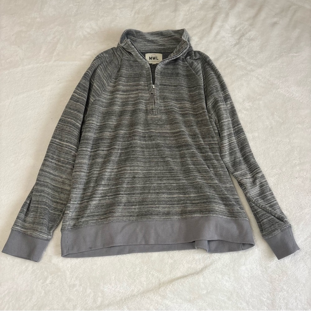 Madewell Velour Gray Striped Half-Zip Sweatshirt